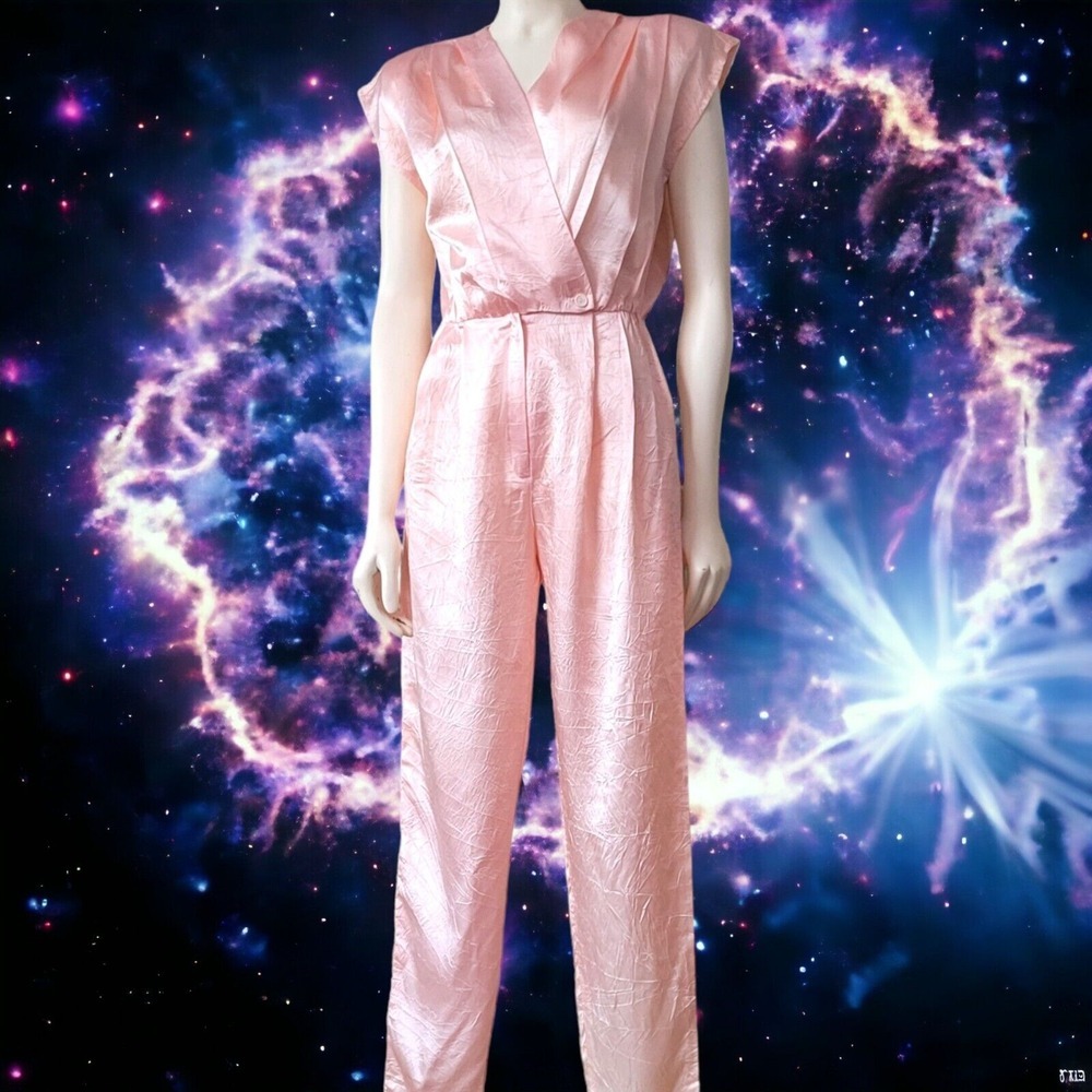 Vintage Pink Satin 80s Punk Jumpsuit W Shoulder Pads By Scarlett‎